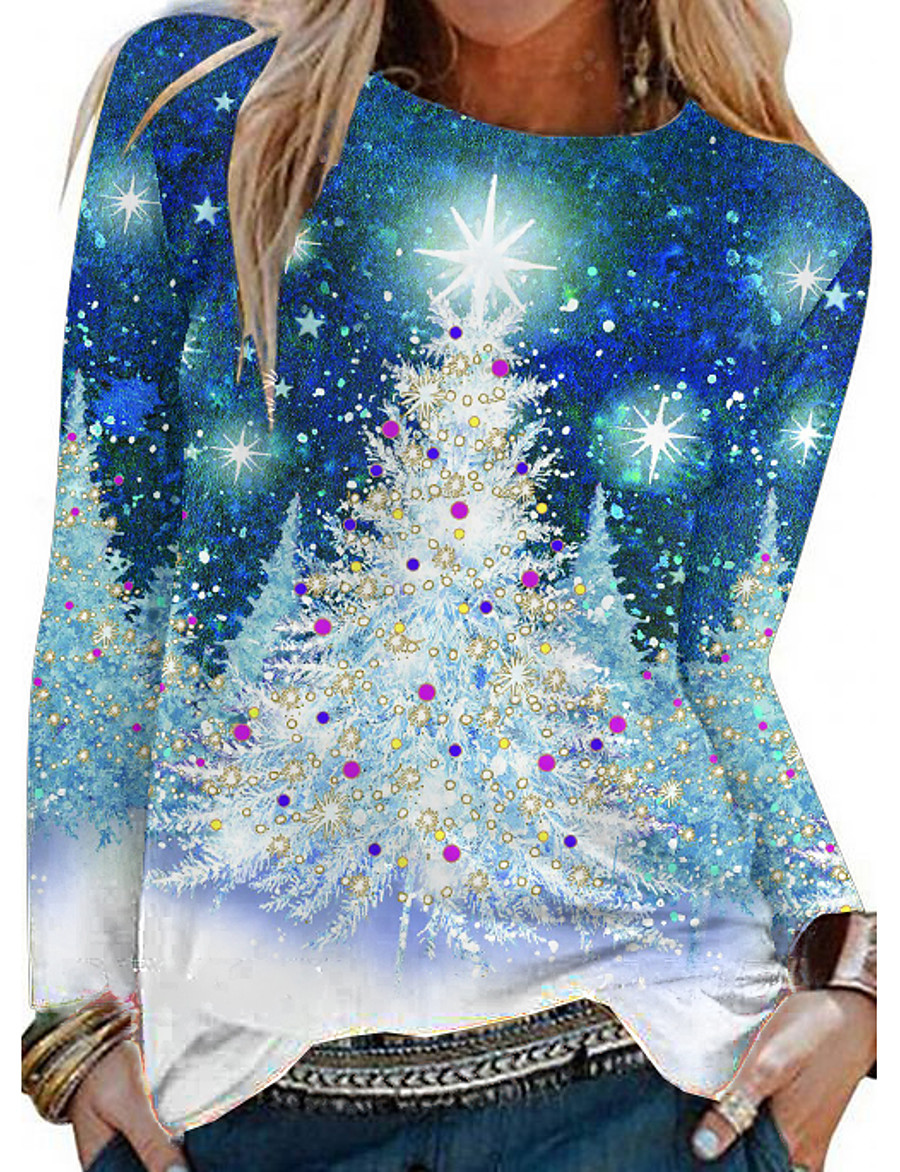  Women's T shirt Floral Theme Painting Long Sleeve Graphic Snowflake Christmas Tree Round Neck Print Basic Tops Regular Fit Blue / 3D Print