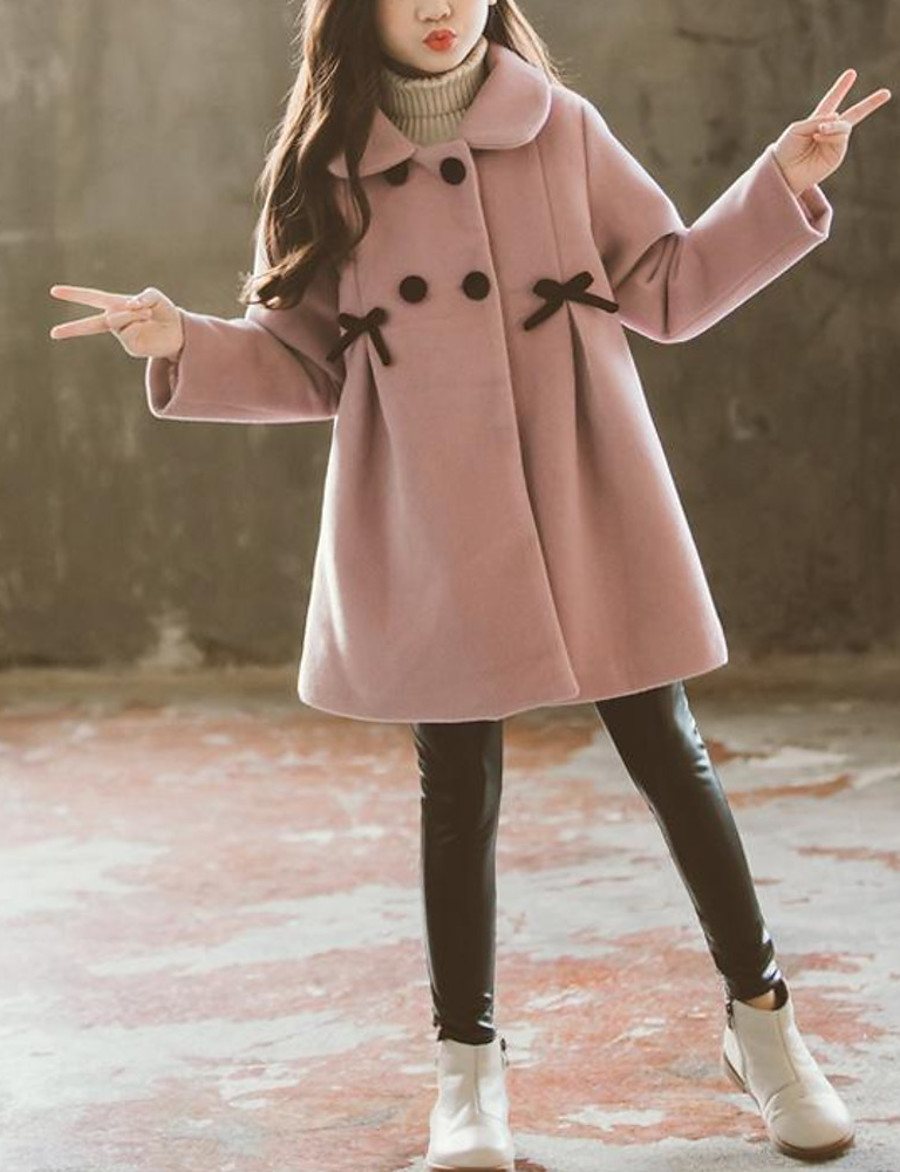  Kids Girls' Coat Blushing Pink khaki Bow Wool Cotton Fashion Warm Ups Sweet 2-12 Years / Fall / Winter