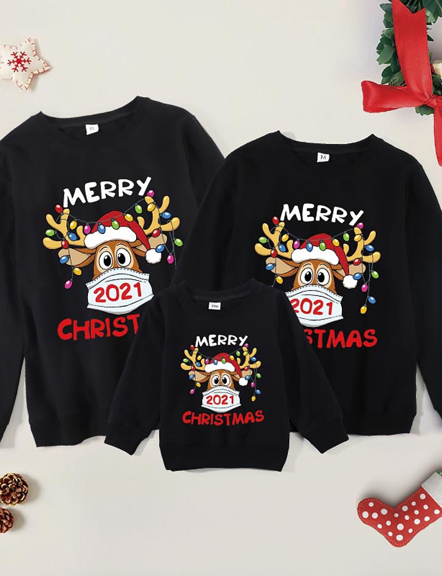  Family Look Christmas Cotton Tops Christmas Gifts Cartoon Deer Letter Print Black Long Sleeve Basic Matching Outfits / Fall / Spring / Cute