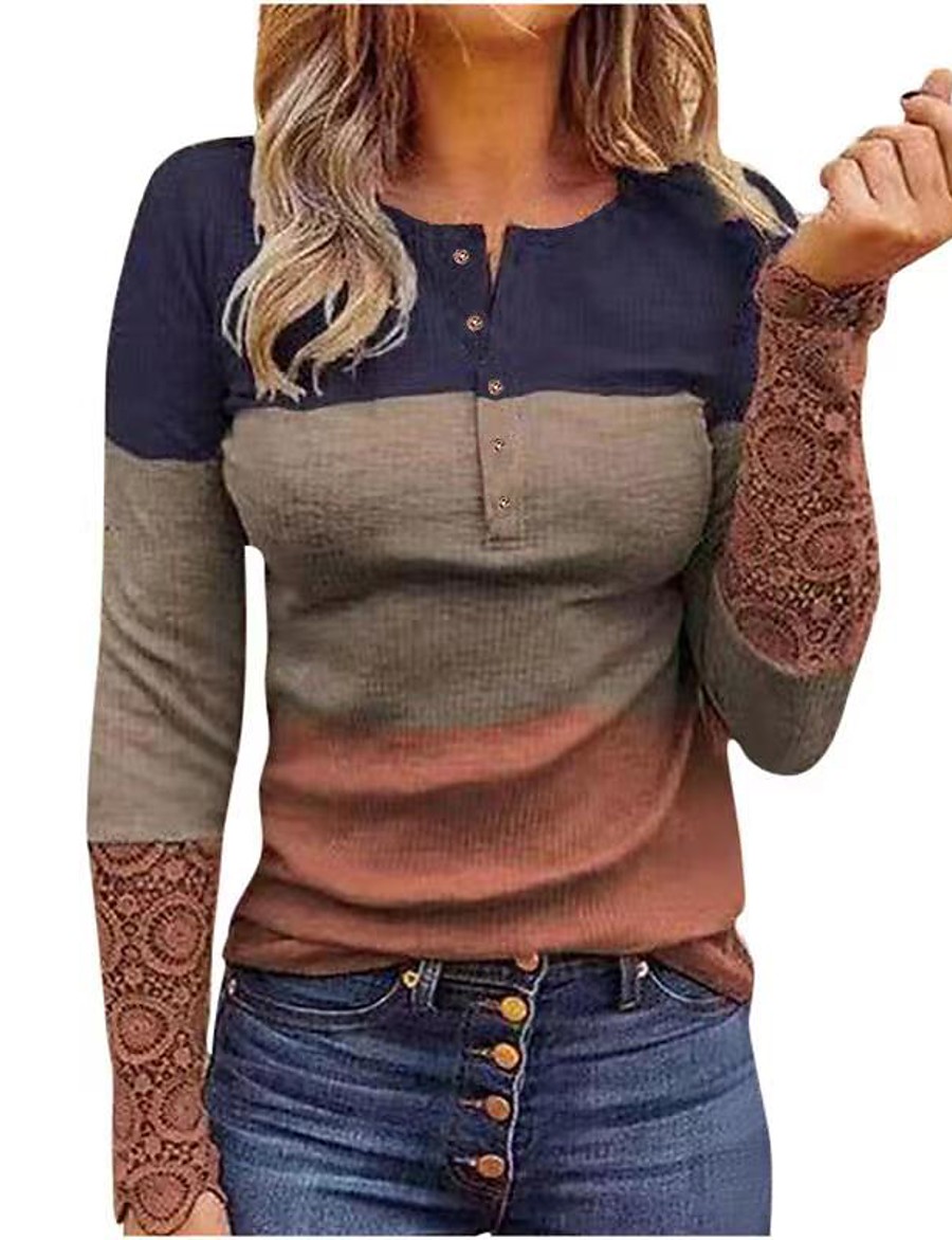  Women's T shirt Long Sleeve Plain Round Neck Patchwork Print Sexy Tops Regular Fit Light Brown Gray Black