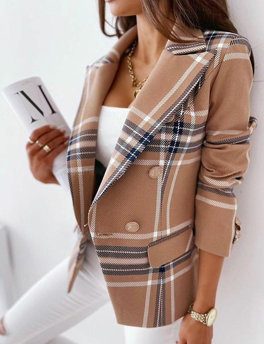  Women's Blazer Fall Winter Daily Going out Regular Coat Notch lapel collar Double Breasted Thermal Warm Fashion Regular Fit Elegant Jacket Long Sleeve Print Plaid / Check Blushing Pink Light Brown