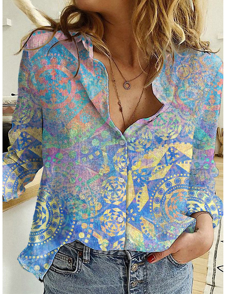  Women's Floral Theme Geometric Blouse Shirt Floral Geometic Long Sleeve Print Shirt Collar Basic Tops Blue Purple Yellow