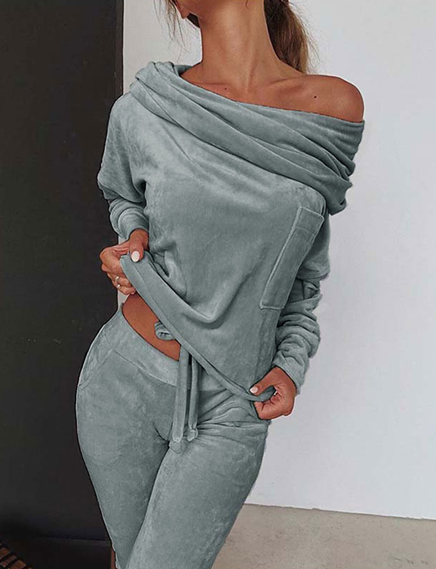  Women's Basic Streetwear Plain Home Activewear Two Piece Set Pant Loungewear Jogger Pants Hoodie Sweatshirt Drawstring Tops / Off Shoulder