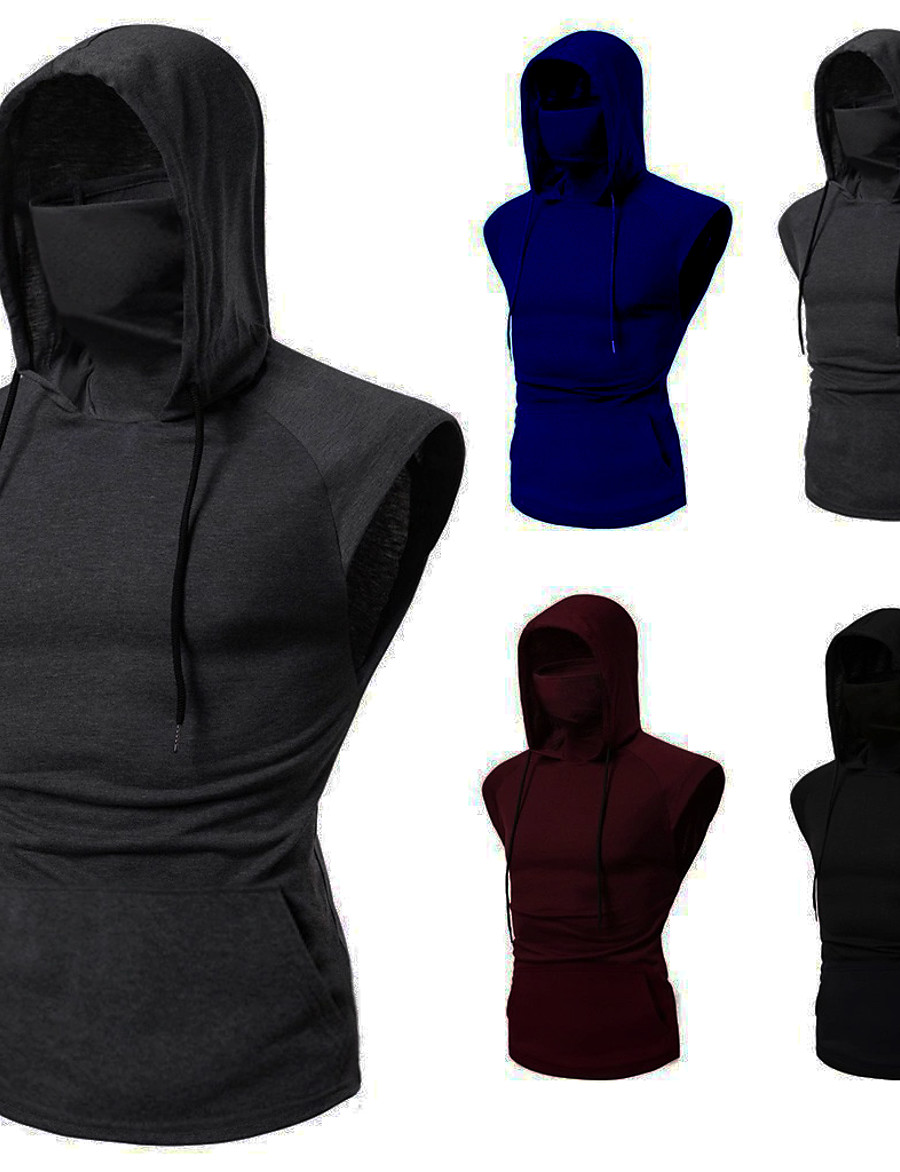  Men's Sleeveless Hoodie with Mask Pullover Hoodie Sweatshirt Hoodie Pullover Top Street Athletic Summer Breathable Soft Sweat wicking Cotton Fitness Gym Workout Running Exercise Sportswear Solid Color