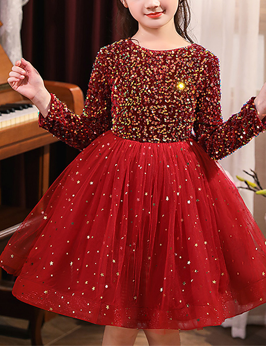  Kids Little Girls' Dress Sequin Party Performance Swing Dress Sequins Red Knee-length Cotton Long Sleeve Princess Sweet Dresses Fall Spring Children's Day Regular Fit 3-12 Years
