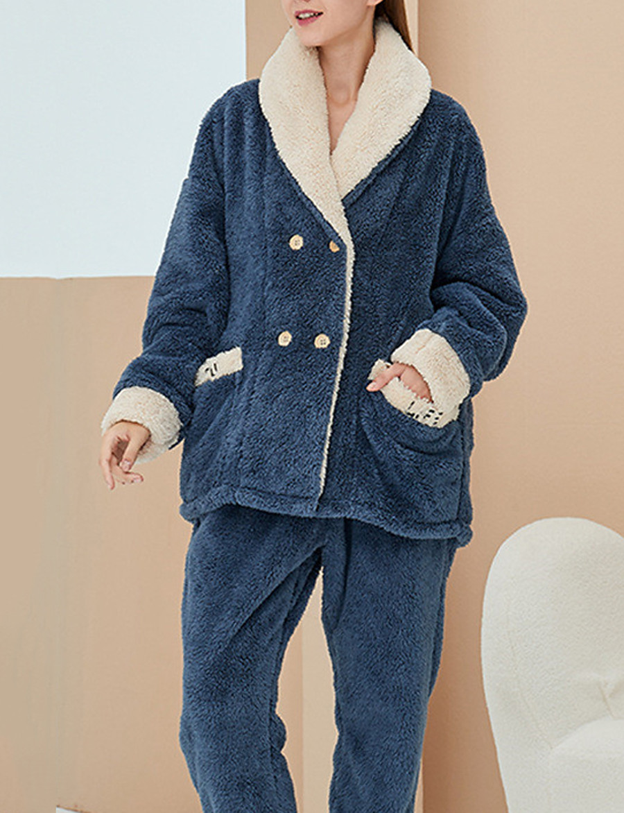 Women's Pajamas Sets Warm Gift Basic Elastic Waist Home Street Daily Going out Flannel Pure Color Hoodie Simple Fashion Sport Fall Winter Pant Long Sleeve Long Pant Lapel Pocket Buckle