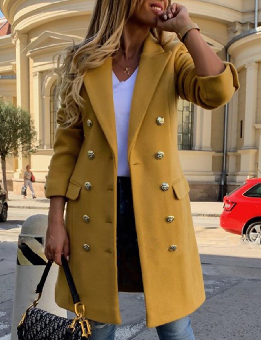  Women's Trench Coat Fall & Winter Going out Regular Coat Regular Fit Chinoiserie Jacket Long Sleeve Solid Colored Black Yellow