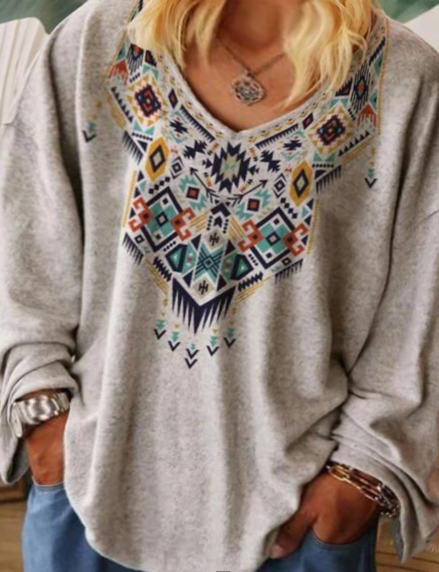  Women's Plus Size Tops Tribal Graphic Prints T shirt Long Sleeve Print Casual V Neck Polyester Daily Fall Spring