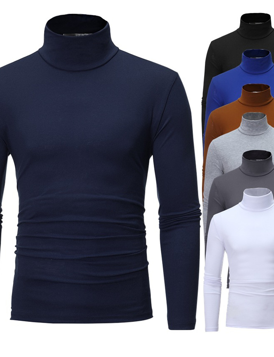  Men's T shirt Solid Color Turtleneck Casual Daily Long Sleeve Tops Lightweight Casual Classic Slim Fit Blue White Black / Sports