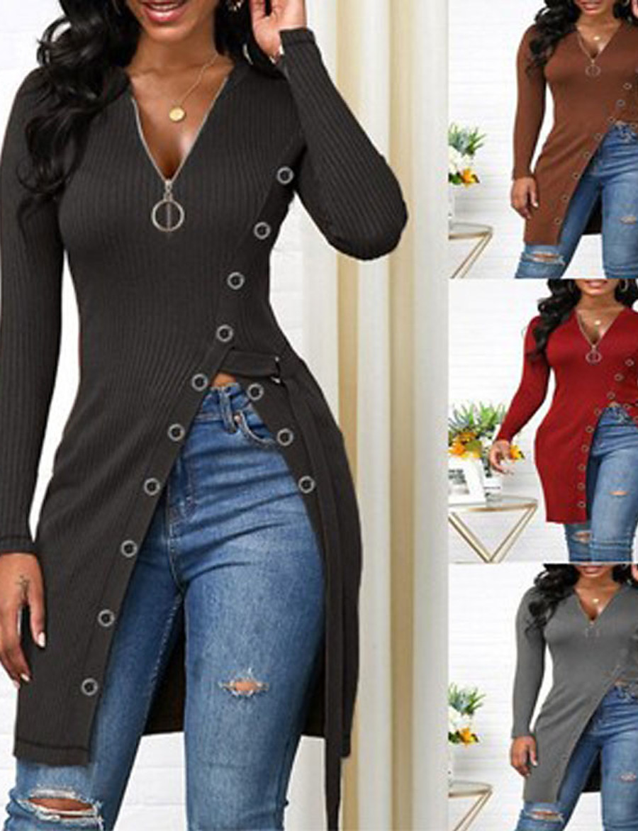  Women's Knit Dress Zipper Button Modern Plain V Neck Spring &  Fall Standard Black Grey Dark Coffee Red