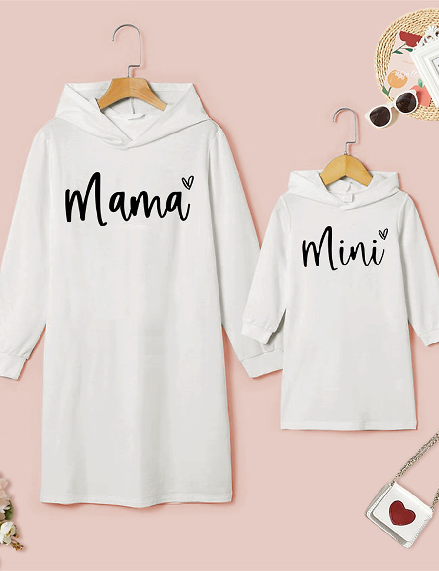  Mommy and Me Dresses Daily Heart Letter Print White Above Knee Long Sleeve Daily Matching Outfits / Fall / Winter / Cute