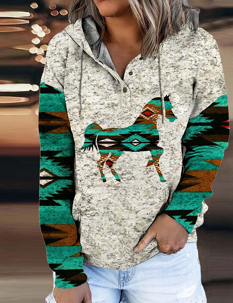  Women's Horse Animal Hoodie Sweatshirt Front Pocket Print 3D Print Daily Sports Ethnic Streetwear Hoodies Sweatshirts  Gray