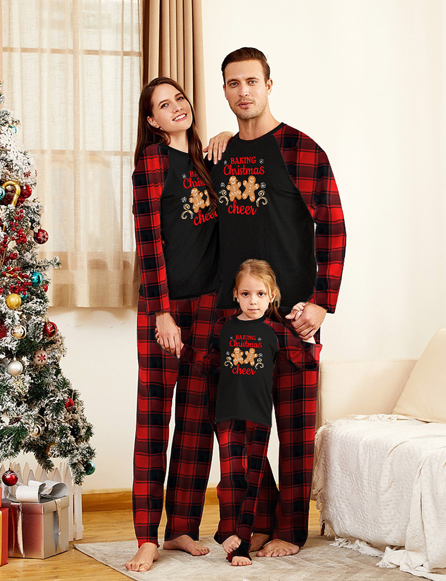  Family Look Christmas Pajamas Christmas Gifts Plaid Gingerbread Letter Patchwork Black Gray Long Sleeve Adorable Matching Outfits / Fall / Winter / Print