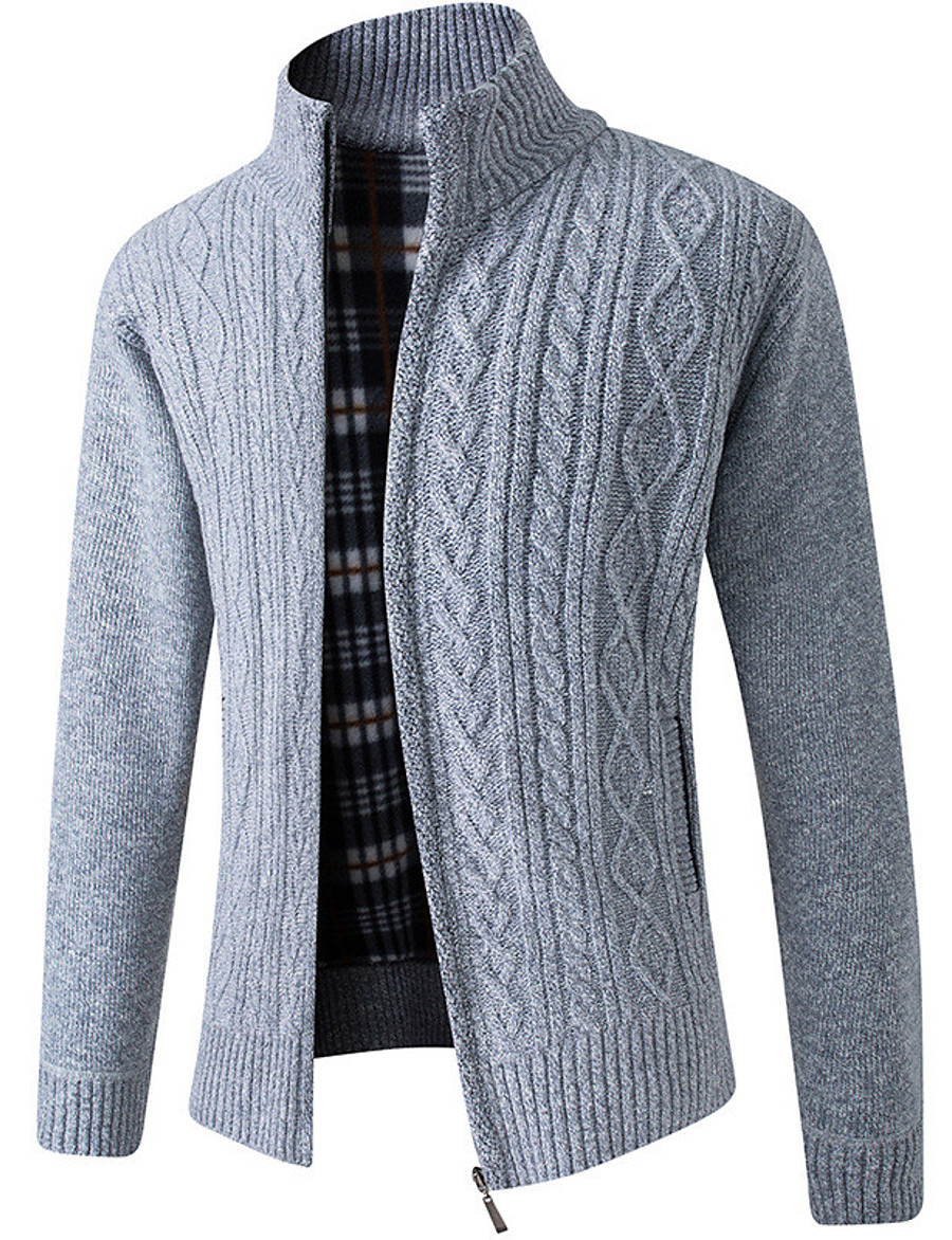  Men's Unisex Cardigan Sweater Solid Color Knitted Braided Vintage Style Soft Long Sleeve Regular Fit Sweater Cardigans Fall Winter Stand Collar Blue Wine Light gray