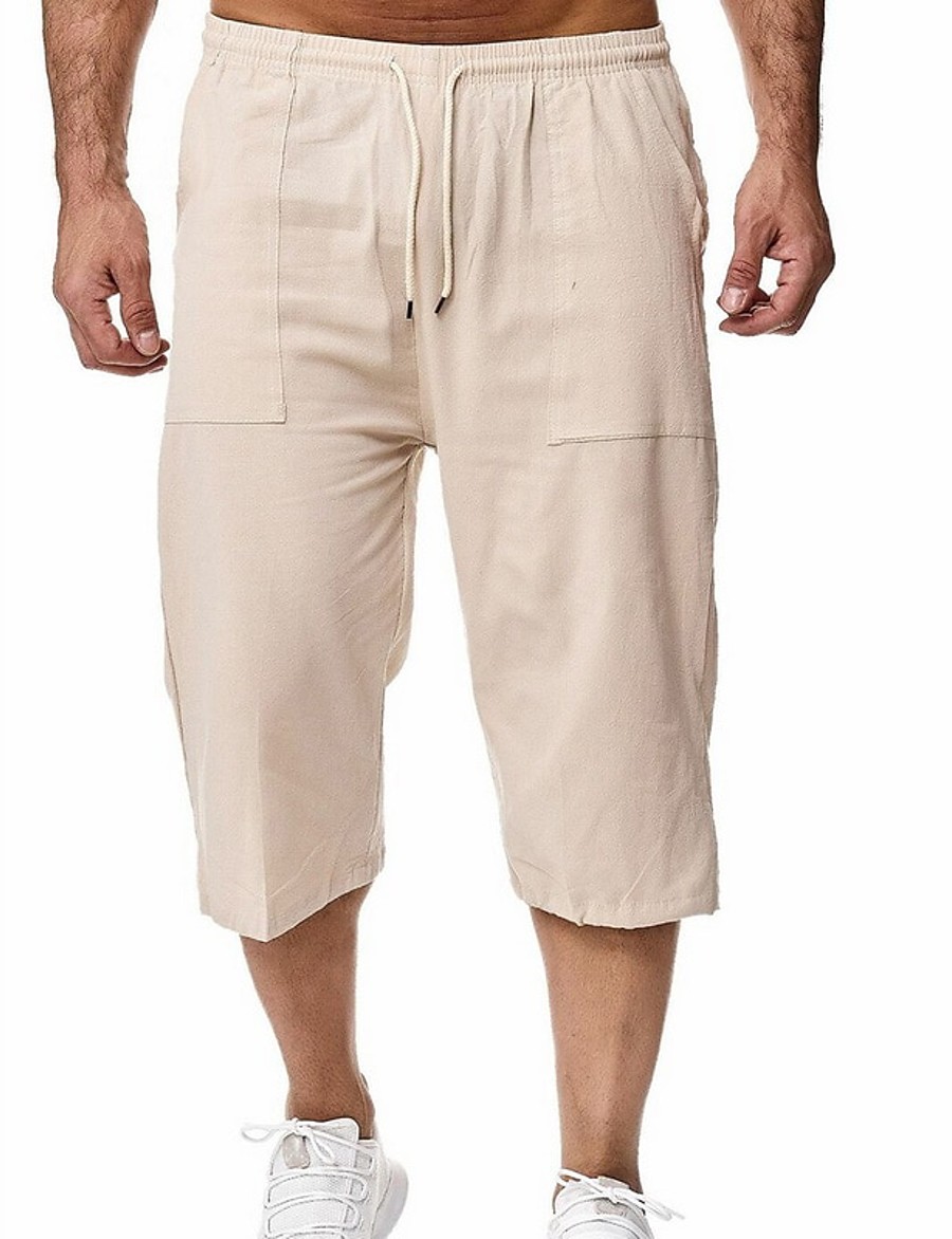  Men's Casual Drawstring Pocket Elastic Waist Crop Trousers Calf-Length Pants Sports Outdoor Cotton Solid Color Mid Waist Breathable Soft Blue Black khaki Green M L XL XXL XXXL