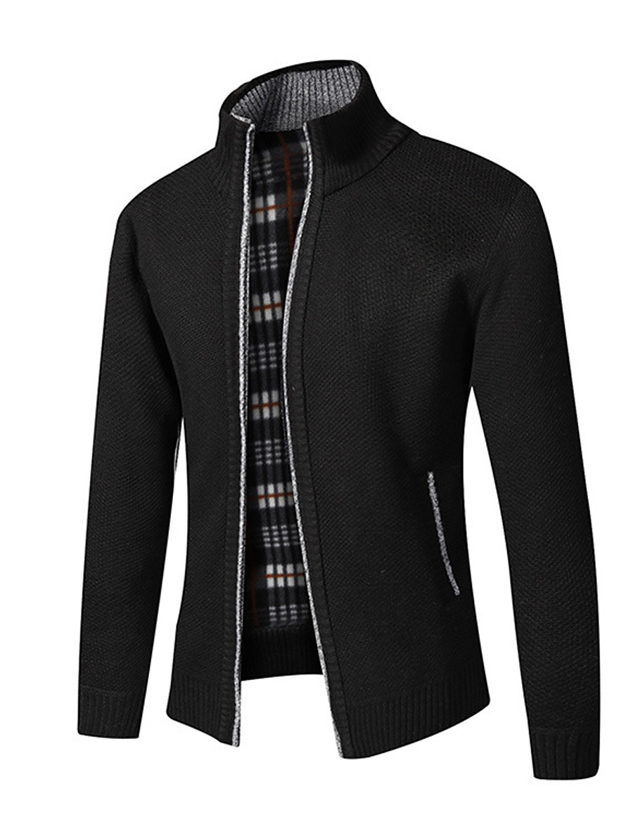  Men's Sweater Sweater Pajamas Bishop Sleeve Sweater Coat Zipper Stand Collar Medium Spring &  Fall Black Gray Khaki