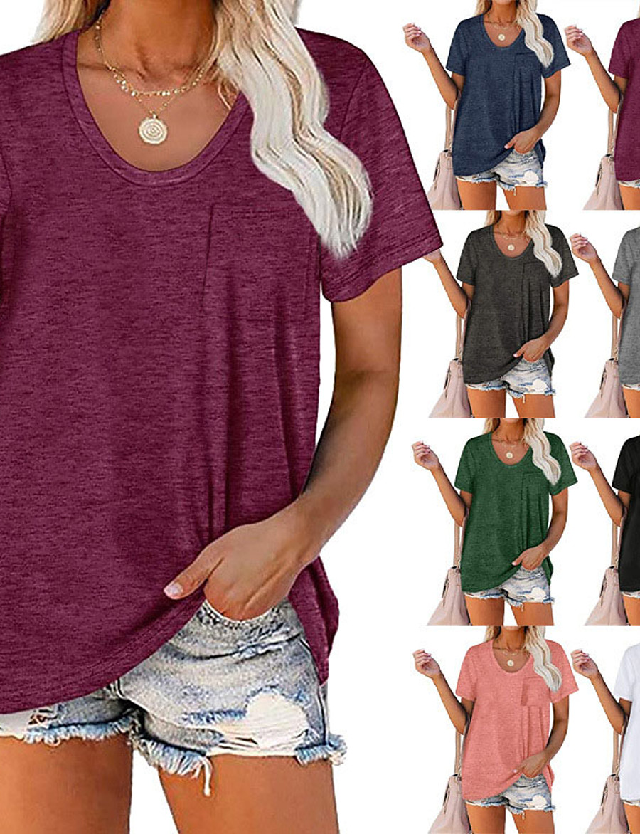  LITB Basic Women's PocketT-Shirt Solid Color Tee Round Neck Blouse Summer Short Sleeve Basic Top