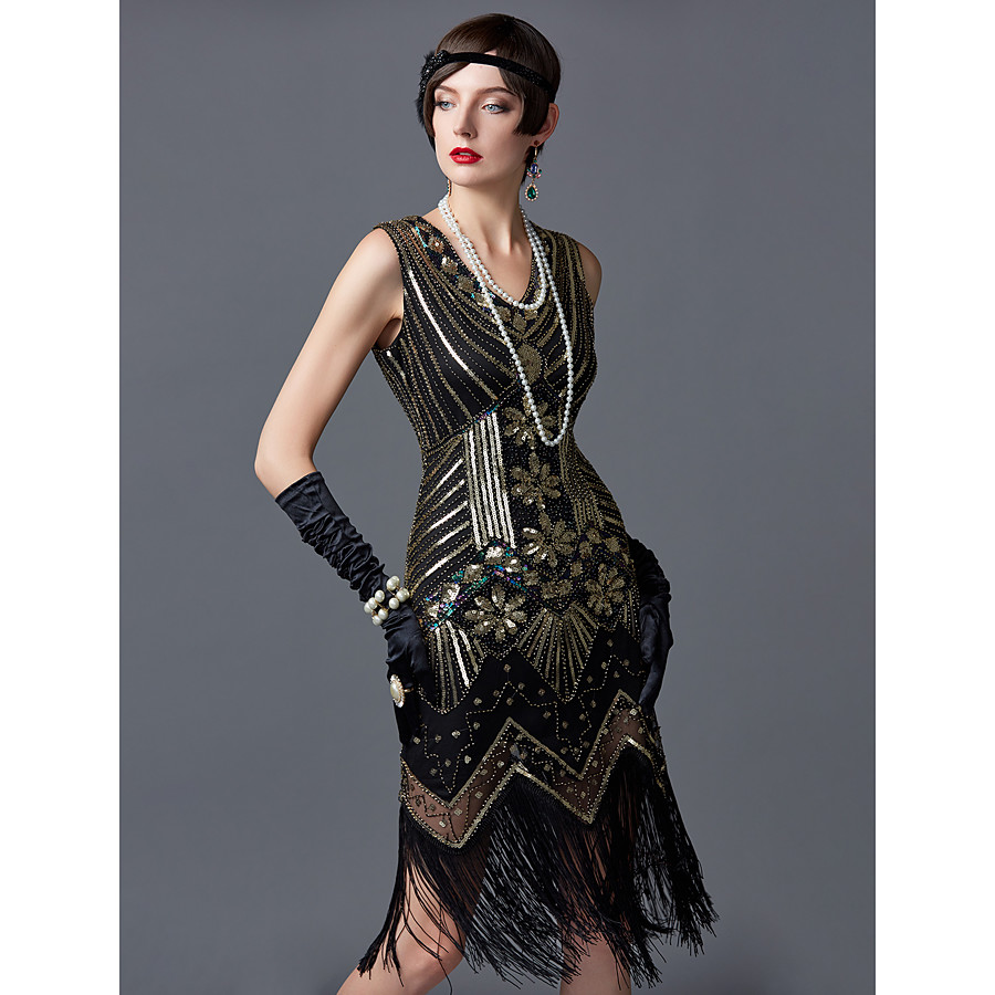  The Great Gatsby Charleston Roaring 20s 1920s Vintage Flapper Dress Cocktail Dress Ball Gown Prom Dress Women's Sequin Tassel Fringe Costume Emerald Green / Golden / Silvery Vintage Cosplay Sleeveless