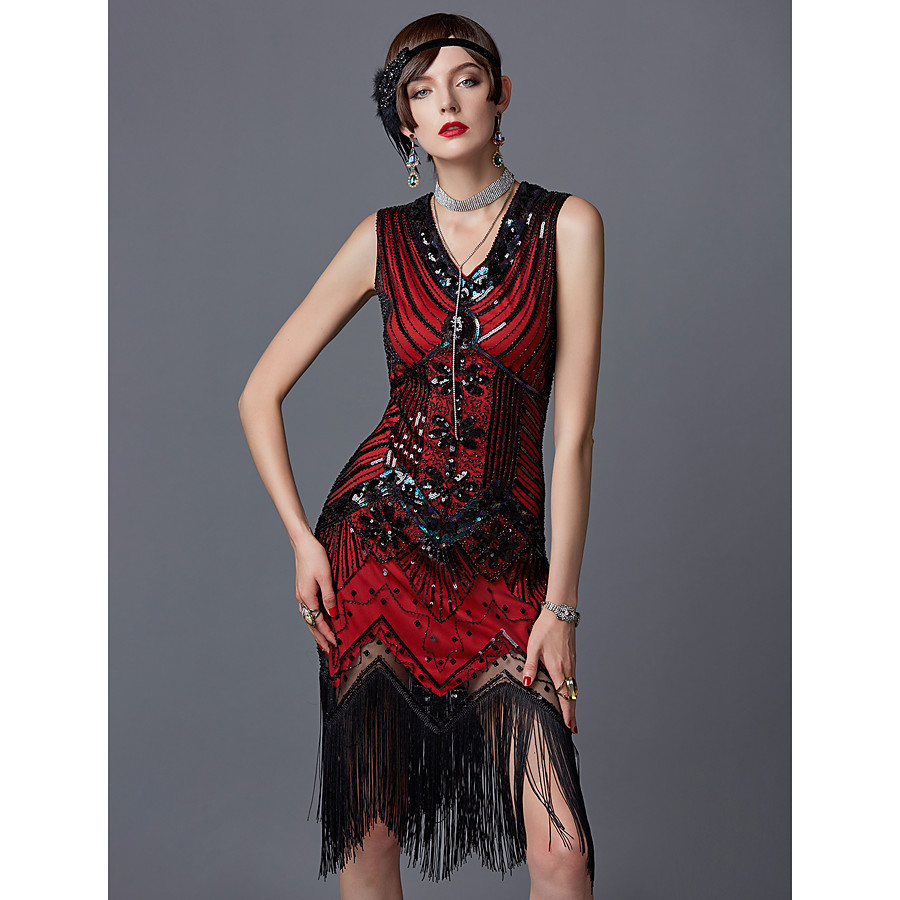  The Great Gatsby Charleston Roaring 20s 1920s Roaring Twenties Vacation Dress Prom Dresses Flapper Dress Party Costume Masquerade Christmas Dress Women's Spandex Sequins Tassel Fringe Costume Red