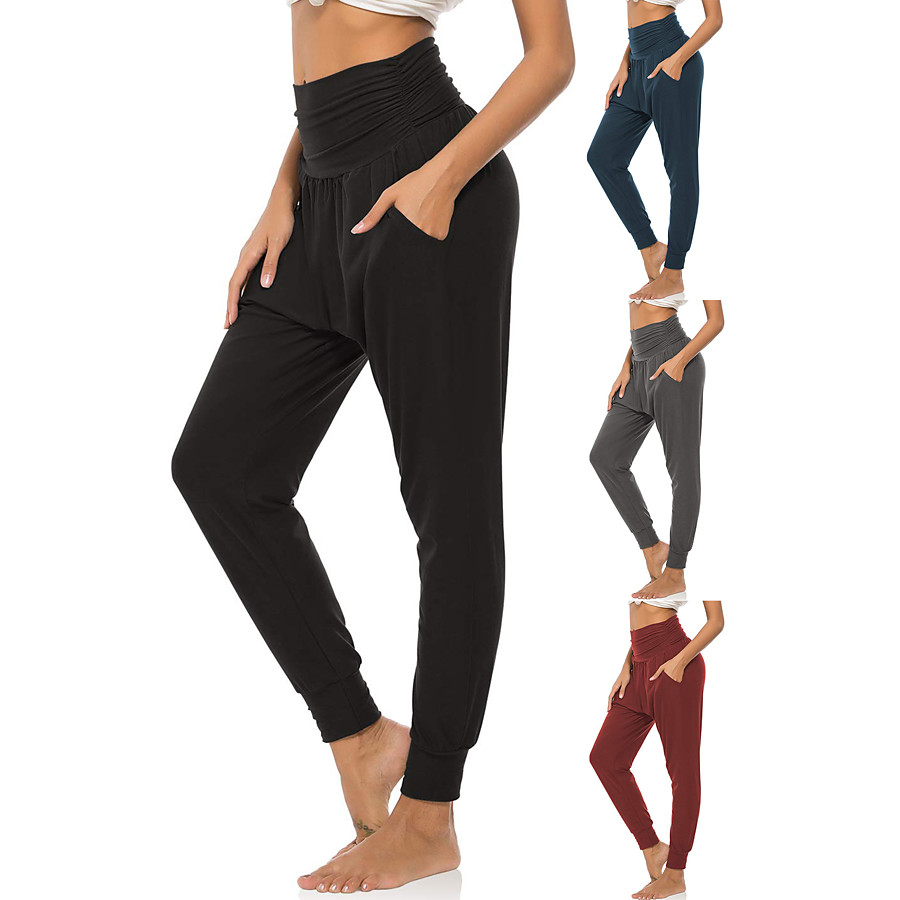  Women's High Waist Yoga Pants Side Pockets Harem Sweatpants 4 Way Stretch Breathable Quick Dry Black Red Dark Blue Spandex Fitness Gym Workout Running Sports Activewear High Elasticity Loose