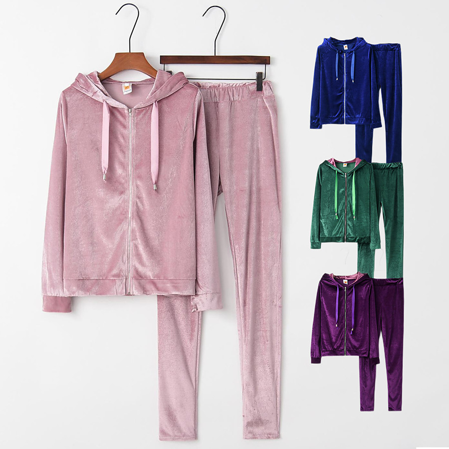  Women's 2 Piece Full Zip Athleisure Tracksuit Long Sleeve Warm Breathable Shining Velour Running Jogging Exercise Sportswear Solid Colored Track pants Purple Blue Pink Green Activewear Micro-elastic