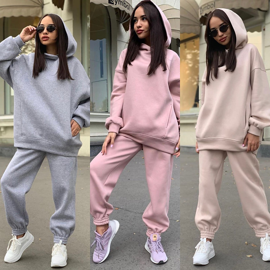  Women's 2 Piece Street Athleisure Tracksuit Sweatsuit 2pcs Long Sleeve Winter Warm Breathable Soft Fitness Running Jogging Sportswear Solid Colored Hoodie Purple Army Green Black Pink Fuchsia Gray