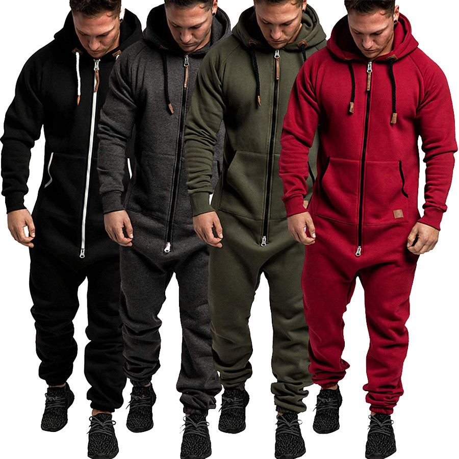  Men's One-piece Street Casual Jumpsuit Tracksuit Sweatsuit Long Sleeve Winter Warm Breathable Soft Cotton Fitness Running Walking Jogging Sportswear Solid Color Normal Navy Dark Gray Wine ArmyGreen