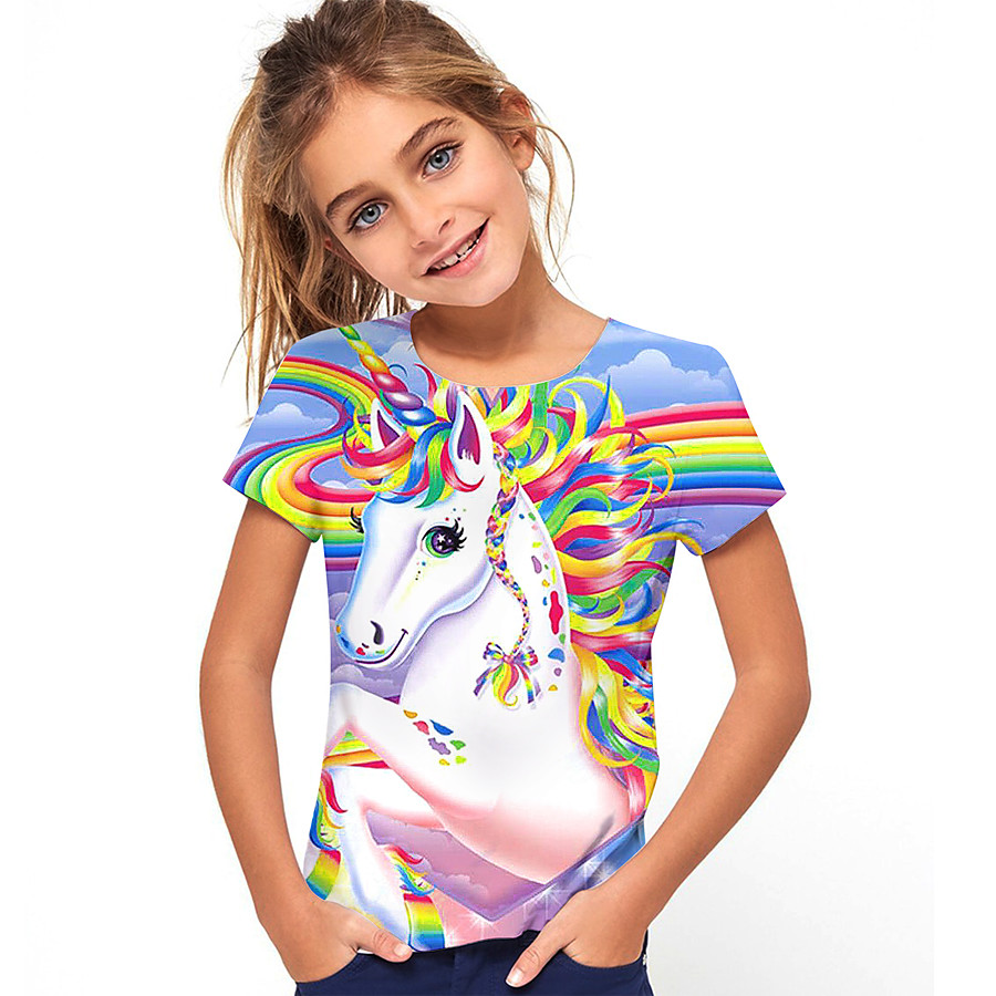  Kids Girls' T shirt Tee Horse Unicorn Short Sleeve Rainbow 3D Print Graphic Animal Print Rainbow Children Tops Active Cute Summer School 2-13 Years