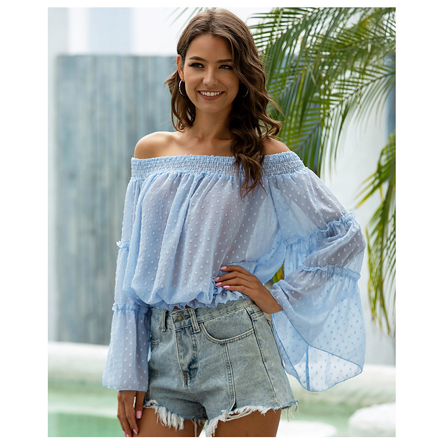  Women's Blouse Shirt Bohemian Theme Long Sleeve Polka Dot Off Shoulder Embroidered Casual Tropical Beach Tops Blue White Black