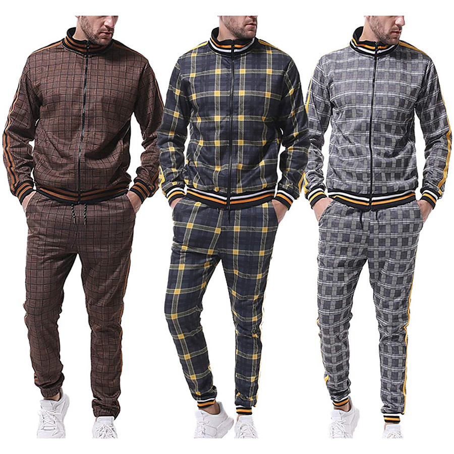  men's activewear sets - winter long sleeve classic plaid tracksuit - full-zip sweatshirt jacket with pants for mens - stylish sportswear for men gym - xmas gifts for men