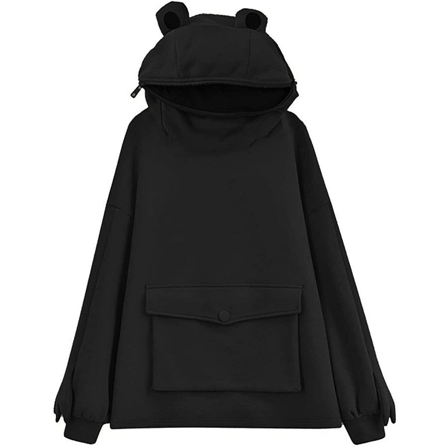 yming women cute frog eyes hoodies long sleeve oversized tunic top with large front pocket black s