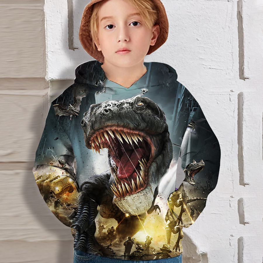  Kids Boys' Hoodie Long Sleeve Dinosaur 3D Print Black Children Tops Active Fall Regular Fit 4-12 Years