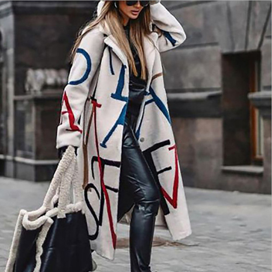  Women's Coat Fall Winter Street Daily Going out Long Coat Windproof Warm Loose Active Casual Streetwear Jacket Long Sleeve Print Letter White