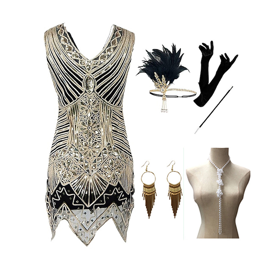  The Great Gatsby Roaring 20s 1920s Vintage Vacation Dress Flapper Dress Outfits Masquerade Prom Dress Women's Costume Golden Vintage Cosplay Party Prom / Gloves / Headwear / Necklace / Earrings