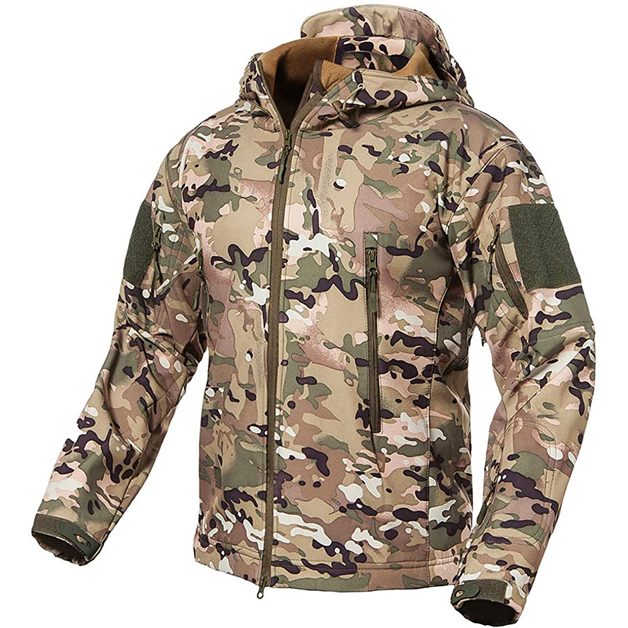  Men's Hoodie Jacket Softshell Jacket Camouflage Hunting Jacket Outdoor Winter Thermal Warm Waterproof Windproof Multi-Pockets Coat Camo Polyester Camping / Hiking Hunting Fishing Navy Camouflage Blue