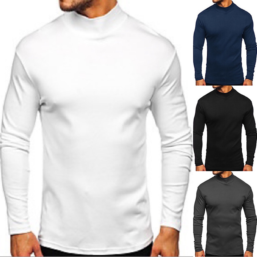  Men's T shirt Shirt Solid Color Turtleneck Casual Daily Long Sleeve Patchwork Tops Simple Basic Formal Fashion Wine Blue White