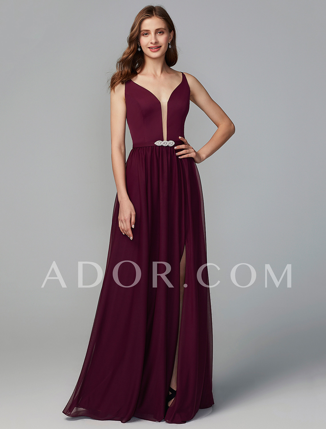 109 99 Ador A Line Y Neck Floor Length Chiffon Bridesmaid Dress With Split Front Crystal Brooch 109 99 Ador A Line Y Neck Floor Length Chiffon Bridesmaid Dress With Split Front Crystal Brooch