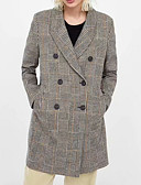 baratos Trench Coats e Casacos Femininos-Mulheres Di&amp;aacute;rio Padr&amp;atilde;o Casaco, Houndstooth Colarinho de Camisa Manga Longa Poli&amp;eacute;ster Khaki / Delgado