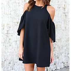 Damen Lose Lose Kleid - Grundlegend, Solide Übers Knie Schulterfrei Hohe Taillenlinie Schwarz Damen Lose Lose Kleid - Grundlegend, Solide Übers Knie Schulterfrei Hohe Taillenlinie Schwarz