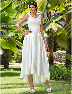 A Line Princess Scoop Neck Asymmetrical Satin Wedding Dress With Beading Appliques Pocket By LAN TING BRIDER A Line Princess Scoop Neck Asymmetrical Satin Wedding Dress With Beading Appliques Pocket By LAN TING BRIDER