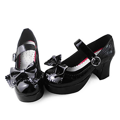 Handmade Black PU Leather 7.5cm High Heel Gothic Lolita Shoes with Bow ...
