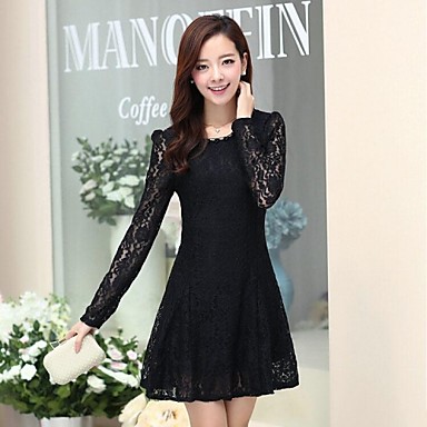 Women‘s Round Collar Korean Fashion Sexy Slim Lace Long Sleeve Dress ...