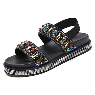 Women's Shoes PU(Polyurethane) Summer Comfort Sandals Flat Heel Round Toe Rhinestone Black / Silver / Party & Evening / Party & Evening Women's Shoes PU(Polyurethane) Summer Comfort Sandals Flat Heel Round Toe Rhinestone Black / Silver / Party & Evening / Party & Evening