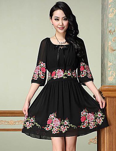 Women's Formal Plus Size Dress,Floral Above Knee ½ Length Sleeve Black ...