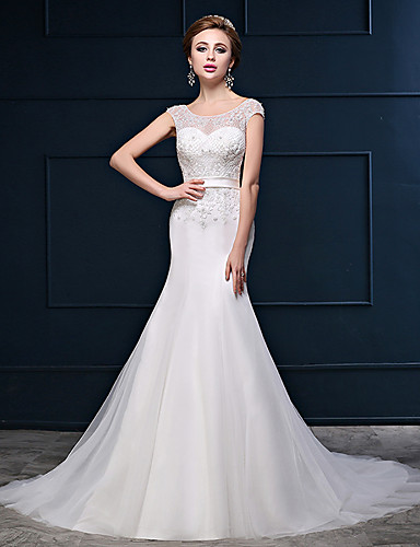 Mermaid / Trumpet Scoop Court Train Tulle Wedding Dress with Beading ...