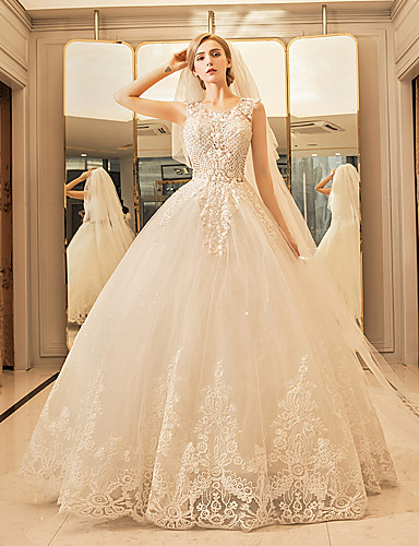 Princess Jewel Neck Floor Length Tulle Made-To-Measure Wedding Dresses ...
