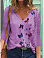 cheap Tees &amp; T Shirts-Women&#039;s T shirt Butterfly Long Sleeve Print V Neck Basic Tops Cotton White Blue Purple