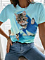 cheap Tees &amp; T Shirts-Women&#039;s 3D Cat T shirt Cat Graphic 3D Print Round Neck Basic Tops Blue