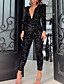 cheap Women&#039;s Jumpsuits-Women&#039;s Casual Streetwear Deep V Street Daily Wear Sequins Black Jumpsuit Sequins Solid Colored