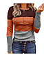 cheap Tees &amp; T Shirts-Women&#039;s T shirt Long Sleeve Plain Round Neck Patchwork Print Sexy Tops Regular Fit Light Brown Gray Black